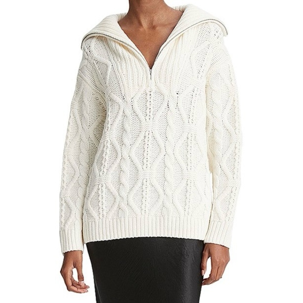 Vince Cable-Knit Wool Half-Zip Pullover Sweater in Ivory 🤍